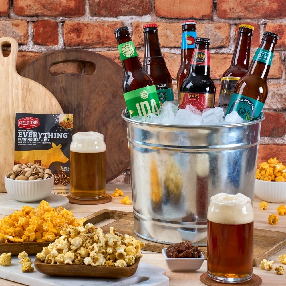 Microbrew Beer Gift Basket featuring six craft beers and gourmet snacks including popcorn and beef jerky.