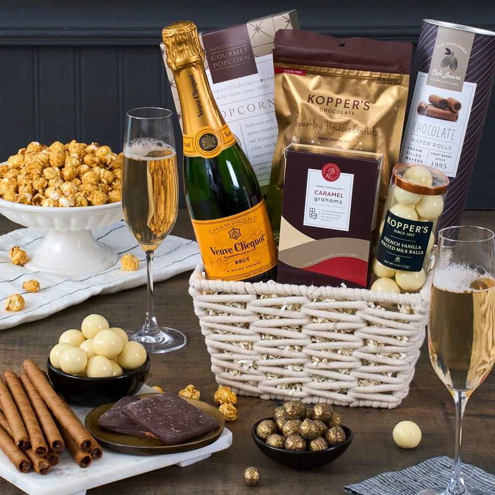 Midnight Snack Veuve Champagne Basket with Veuve Clicquot and chocolates