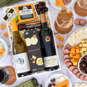 Wine Party Picnic Gift Crate with wine, cheese, sausage and gourmet snacks