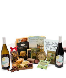 An abundant gift box filled with California Pinot Noir and Chardonnay, assorted crackers, three cheeses, summer sausage, and snacks with a Sympathy Card. 