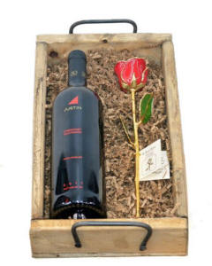 Wine and gold dipped red rose-Justin Cabernet Sauvignon is paired with a preserved Red Rose that is Dipped in Gold. gift crates