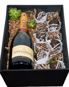 Champagne, Chocolte Covered Brownies, Chocolate Covered Strawberries Gift Crate-Fresh, Mouth watering chocolate brownies and irrisistable chocolate covered strawberries are paired with Moet & Chandon Champagne and crafted inside a gift wooden box-gift cr