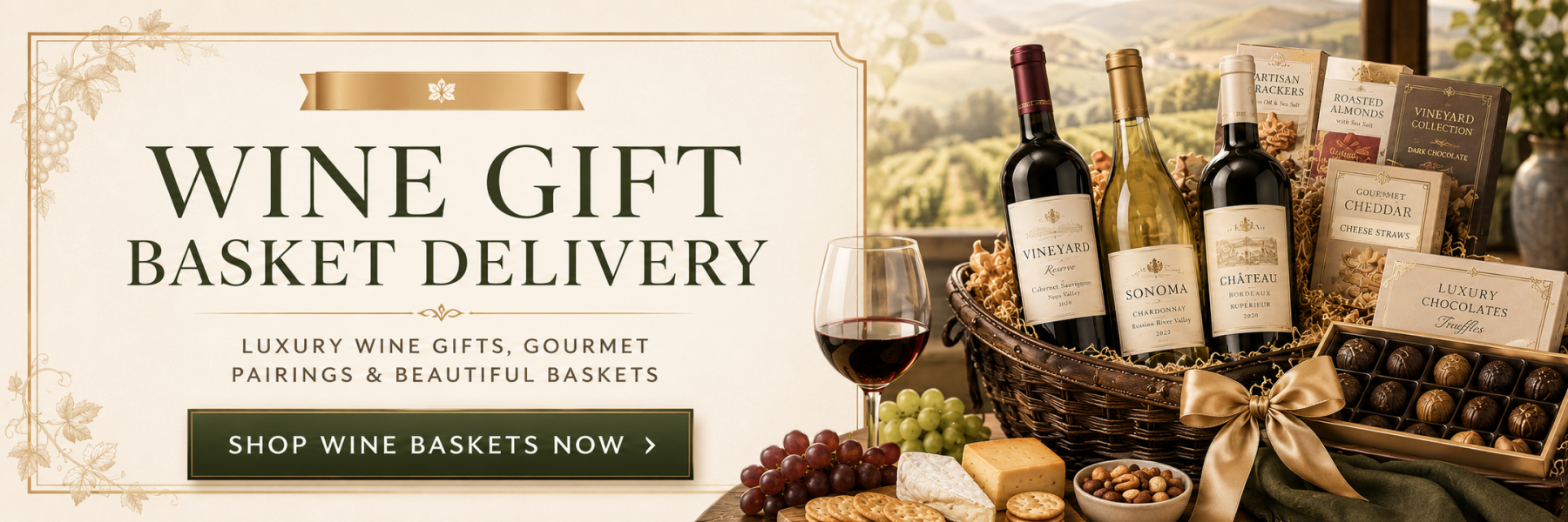Wine gift basket delivery with luxury wine baskets, gourmet snacks, cheese, crackers, chocolates and elegant wine gifts available to shop online